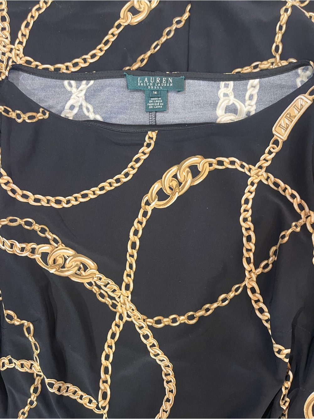 Lauren Ralph Lauren Black Gold Chain Print Faux Wrap Dress 14 Stretchy Ruched - Picture 4 of 16